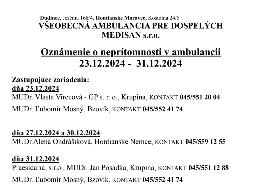 Oznámenie o neprítomnosti v ambulancií MUDr. Uhrík