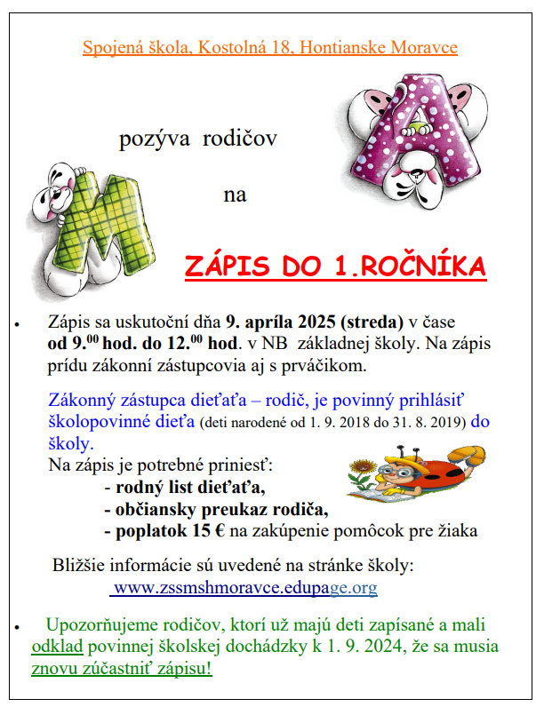 Zápis do 1.ročníka - Spojená škola Hontianske Moravce